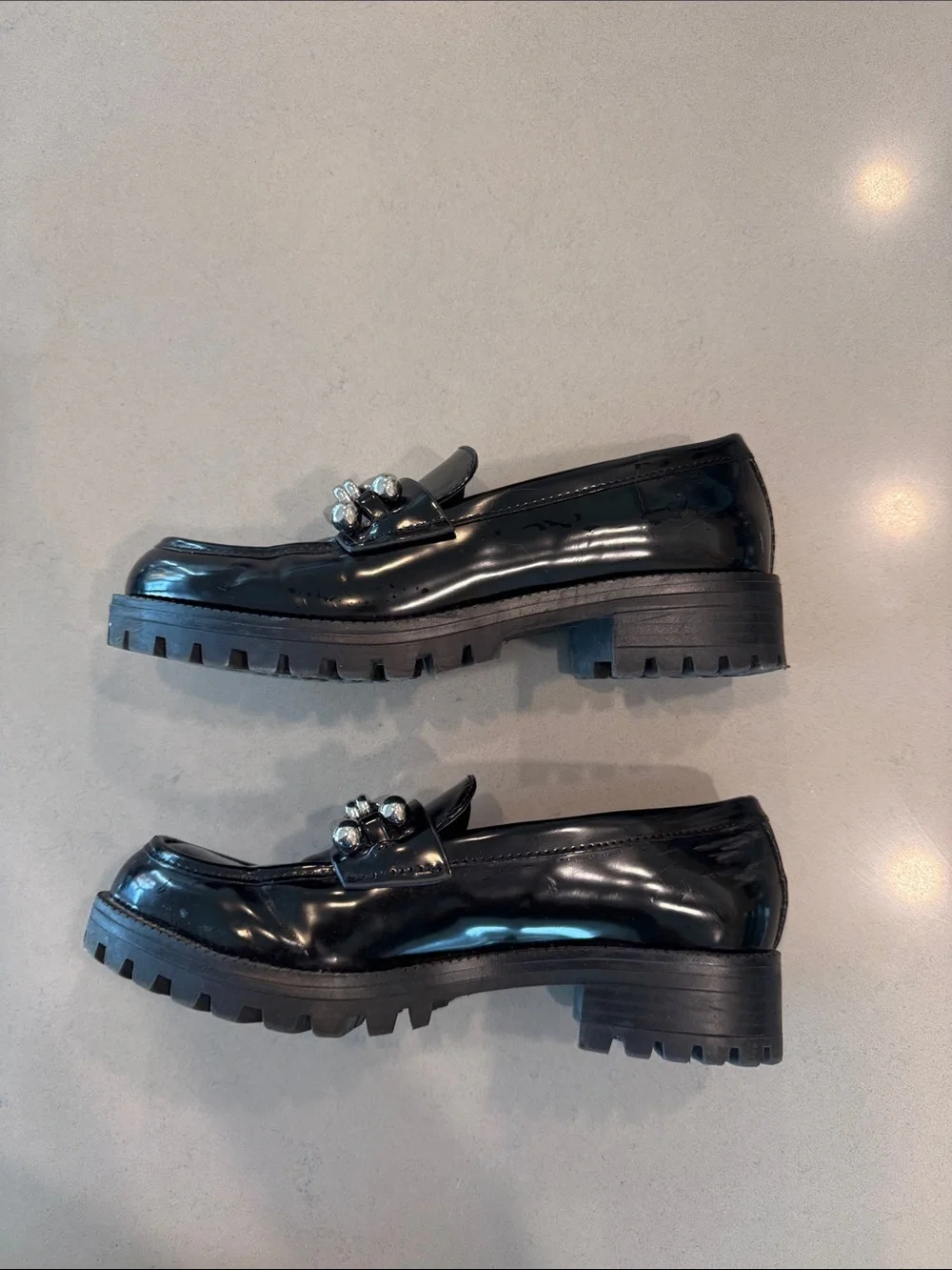 Zara Black Patent Loafers with Silver Chain Detail
